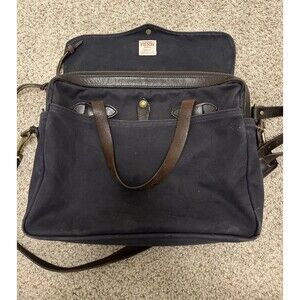 FILSON Men's Vintage Rugged Twill Original Briefcase Navy with Brown Made in USA